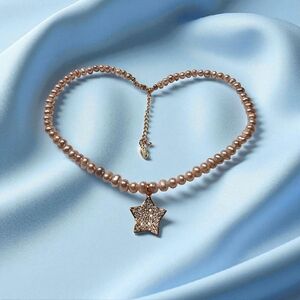 Pale Pink Pearl Necklace with Rose Gold Star Pendant